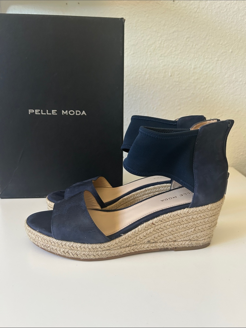 Pelle Moda Navy Espadrille Wedge Sandals with Ankle Cuff